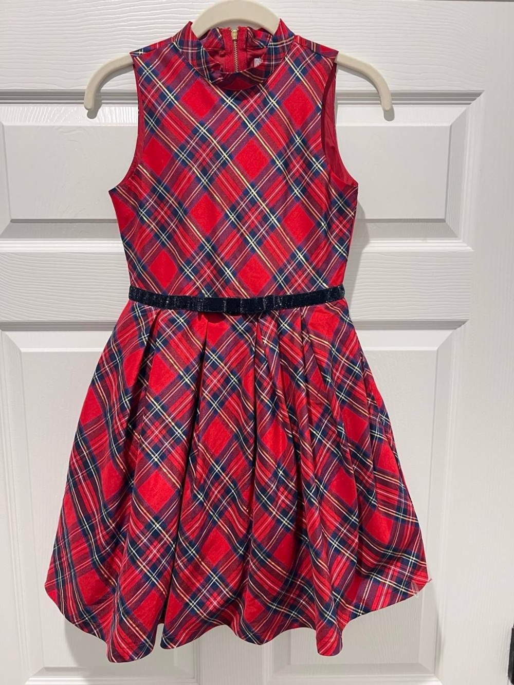 American Girl Red Plaid Fit & Flare Holiday Dress with Navy Belt